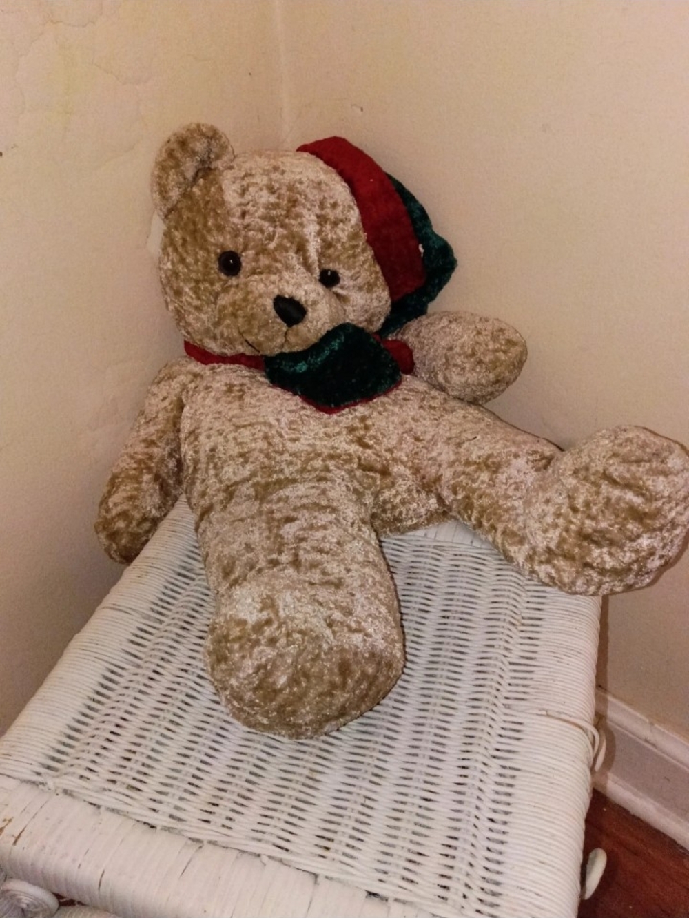 Plush Tan Teddy Bear with Red & Green Scarf - Soft Kids Stuffed Animal